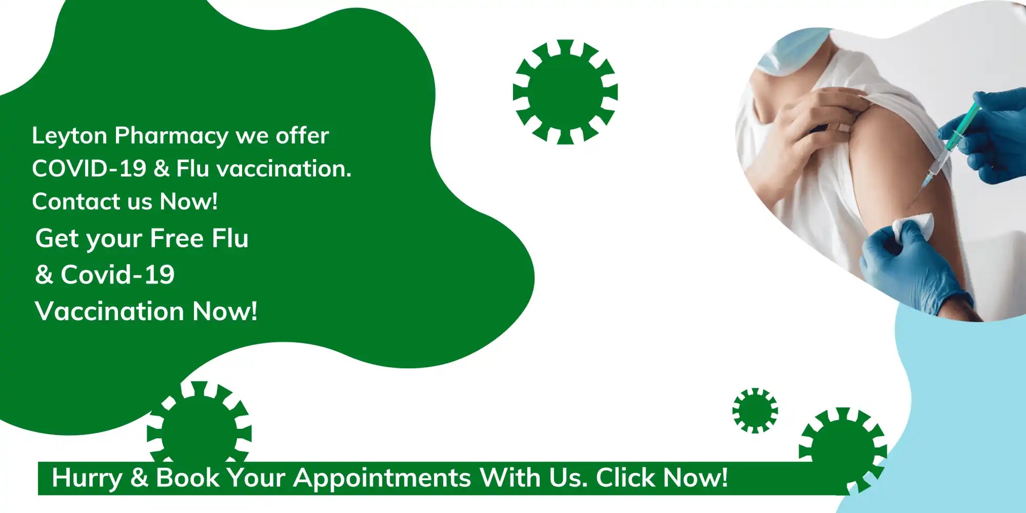Promotional image for COVID-19 and flu vaccinations at Leyton Pharmacy